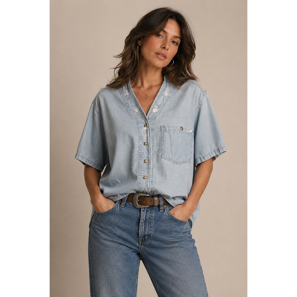 Vintage 90s Soft Chambray Embroidered Button Front Top Western M